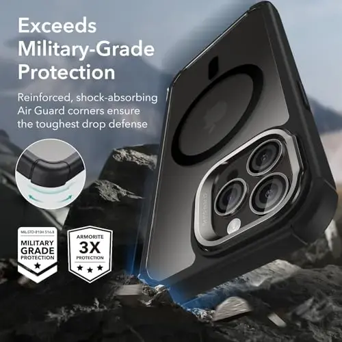 ESR for iPhone 15 Pro Max Case with Stand, Compatible with MagSafe, Full-Body Military-Grade Drop Proof Case with Built-in 9H+ Tempered Glass Screen Protector, Armor Series, Clear Black - 8