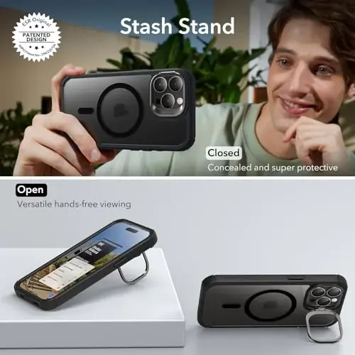 ESR for iPhone 15 Pro Max Case with Stand, Compatible with MagSafe, Full-Body Military-Grade Drop Proof Case with Built-in 9H+ Tempered Glass Screen Protector, Armor Series, Clear Black - 9