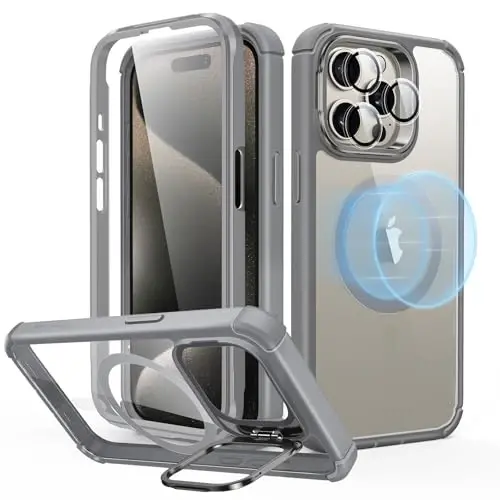 ESR for iPhone 15 Pro Max Case with Stand, Compatible with MagSafe, Full-Body Military-Grade Drop Proof Case with Built-in 9H+ Tempered Glass Screen Protector, Armor Series, Clear Grey - ESR