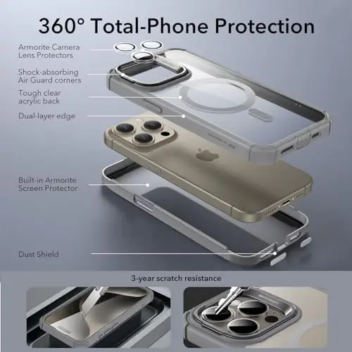 ESR for iPhone 15 Pro Max Case with Stand, Compatible with MagSafe, Full-Body Military-Grade Drop Proof Case with Built-in 9H+ Tempered Glass Screen Protector, Armor Series, Clear Grey - 3