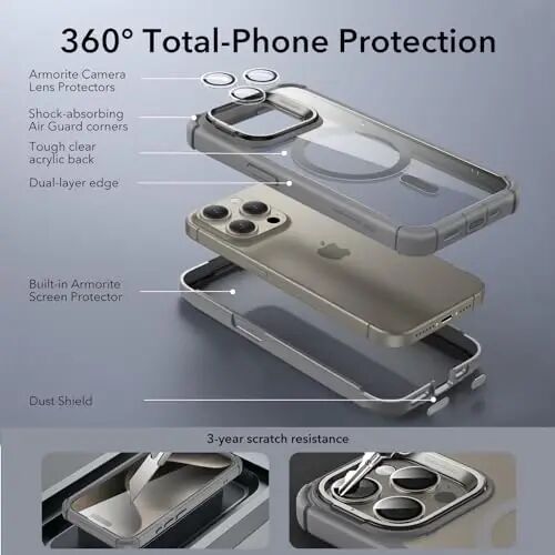 ESR for iPhone 15 Pro Max Case with Stand, Compatible with MagSafe, Full-Body Military-Grade Drop Proof Case with Built-in 9H+ Tempered Glass Screen Protector, Armor Series, Clear Grey 