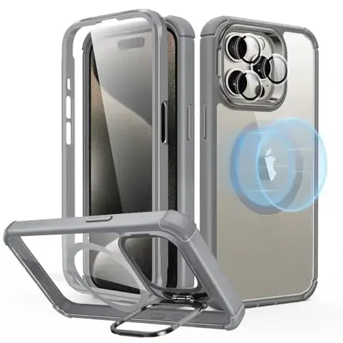 ESR for iPhone 15 Pro Max Case with Stand, Compatible with MagSafe, Full-Body Military-Grade Drop Proof Case with Built-in 9H+ Tempered Glass Screen Protector, Armor Series, Clear Grey - ESR
