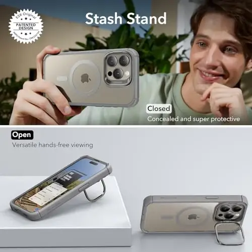 ESR for iPhone 15 Pro Max Case with Stand, Compatible with MagSafe, Full-Body Military-Grade Drop Proof Case with Built-in 9H+ Tempered Glass Screen Protector, Armor Series, Clear Grey - 9