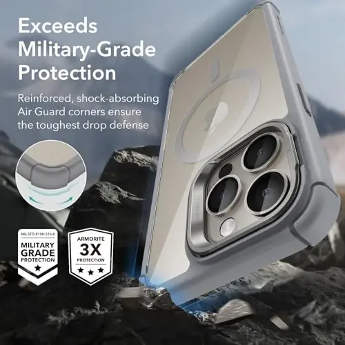 ESR for iPhone 15 Pro Max Case with Stand, Compatible with MagSafe, Full-Body Military-Grade Drop Proof Case with Built-in 9H+ Tempered Glass Screen Protector, Armor Series, Clear Grey - 10