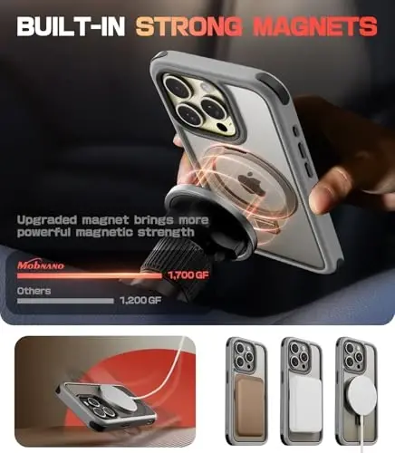 Mobnano for iPhone 15 Pro Max Case with Stand, Compatible with MagSafe, Crystal Clear, Military-Grade Protection, Magnetic Ring Holder & Protective Bumpers, Non-Yellowing Anti-Scratch - Grey/Black - 3