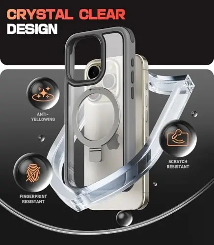 Mobnano for iPhone 15 Pro Max Case with Stand, Compatible with MagSafe, Crystal Clear, Military-Grade Protection, Magnetic Ring Holder & Protective Bumpers, Non-Yellowing Anti-Scratch - Grey/Black - 4