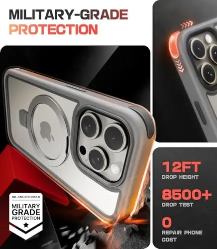Mobnano for iPhone 15 Pro Max Case with Stand, Compatible with MagSafe, Crystal Clear, Military-Grade Protection, Magnetic Ring Holder & Protective Bumpers, Non-Yellowing Anti-Scratch - Grey/Black - 5