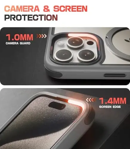 Mobnano for iPhone 15 Pro Max Case with Stand, Compatible with MagSafe, Crystal Clear, Military-Grade Protection, Magnetic Ring Holder & Protective Bumpers, Non-Yellowing Anti-Scratch - Grey/Black - 6