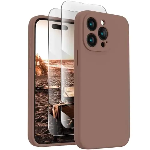 FireNova Designed for iPhone 15 Pro Max Case, Silicone Upgraded [Camera Protection] Phone Case with [2 Screen Protectors], Soft Anti-Scratch Microfiber Lining Inside, 6.7 inch, Light Brown 