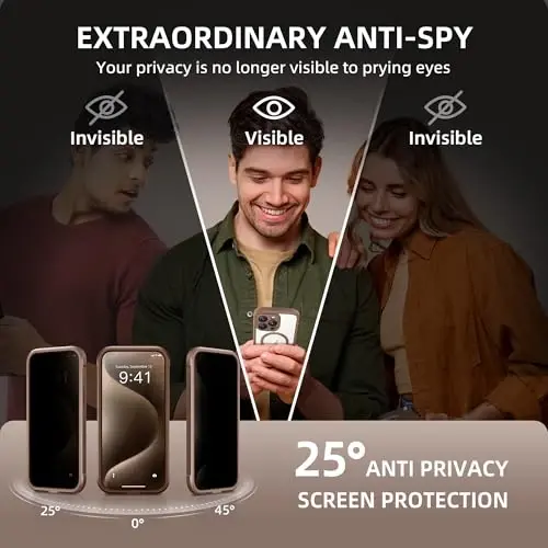 TIESZEN for iPhone 15 Pro Max Case, Compatible with MagSafe, Built-in Privacy Screen Protector and Camera Protection, Anti Spy Full Body Dustproof Shockproof Hard Phone Case 6.7