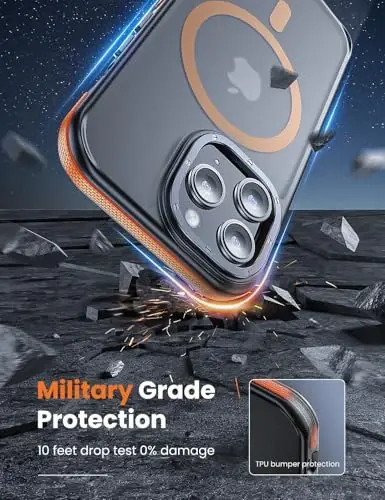 iPhone 15 Pro Max için Tigowos Telefon Kılıfı, MagSafe ile Uyumlu, 3 Metre Düşmeye Dayanıklı, Mat Ten Hissi Veren Arka Kapak, iPhone 15 Pro Max Kılıfı, Turuncu Tampon - 3