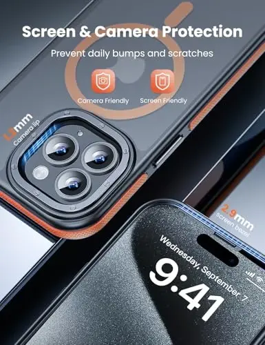 iPhone 15 Pro Max için Tigowos Telefon Kılıfı, MagSafe ile Uyumlu, 3 Metre Düşmeye Dayanıklı, Mat Ten Hissi Veren Arka Kapak, iPhone 15 Pro Max Kılıfı, Turuncu Tampon - 4