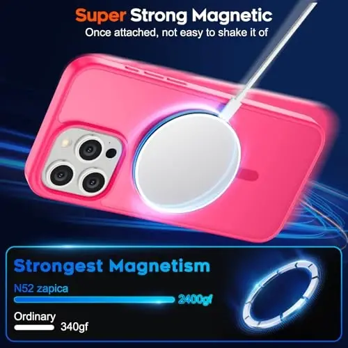 zapica Magnetic for iPhone 15 Pro Max Case, [Compatible with MagSafe] [Military Grade Drop Protection] Translucent Matte Shockproof Anti-Scratch Phone Case for Women and Men, Hot Pink - 3