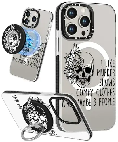 Lotadilo for iPhone 15 Pro Max Case for Women - Cute Kawaii Design Girls Compatible with Magsafe Magnetic Ring Holder Stand Skull Skeleton Phone Covers Aesthetic Girly TPU Funda for 15 Pro Max 
