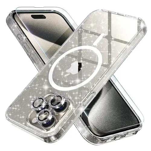 Choiche for iPhone 15 Pro Max Case Magnetic, Women Clear Glitter Bling Sparkly Case, [3xDiamond Camera Lens Protectors] [2xTempered Glass Screen Protectors] [Compatible MagSafe] (Glitter Clear) 