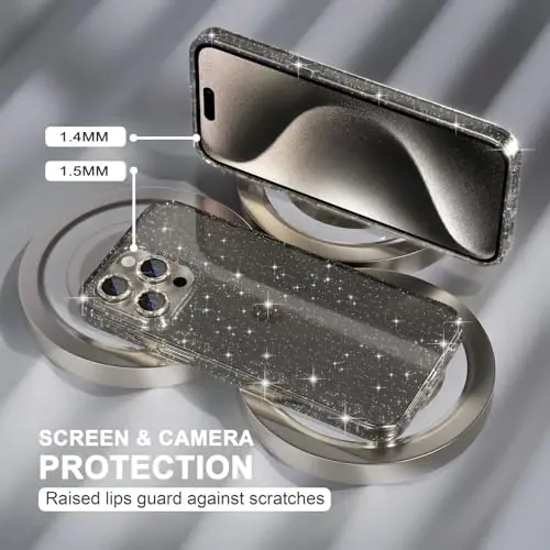 iPhone 15 Pro Max Kılıf ile Uyumlu Kadın Telefon Kılıfı, Sevimli Işıltılı, Askeri Sınıf Koruma, 3 Elmas Kamera Lensi Koruması, 2 Temperli Cam Ekran Koruyucu, 6.7 inç (Simli Gri) - 4