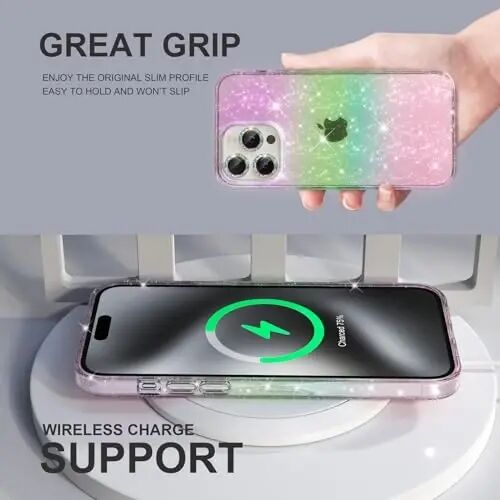 iPhone 15 Pro Max Kılıf ile Uyumlu Kadın Telefon Kılıfı, Sevimli Parıltılı Işıltılı, Askeri Sınıf Koruma, 3 Elmas Kamera Lens Kapağı, 2 Temperli Cam Koruyucu, 6.7 inç (Glitter Renkli) - 6
