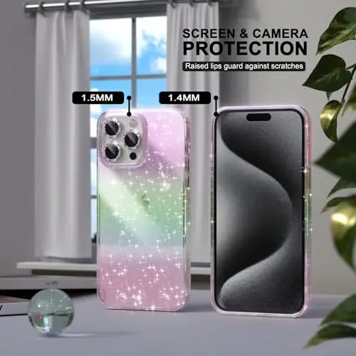 iPhone 15 Pro Max Kılıf ile Uyumlu Kadın Telefon Kılıfı, Sevimli Parlak, Askeri Sınıf Koruma, 3 Elmas Kamera Lens Kapağı, 2 Temperli Cam Koruyucu, 6.7 inç (Renkli Simli) - 4