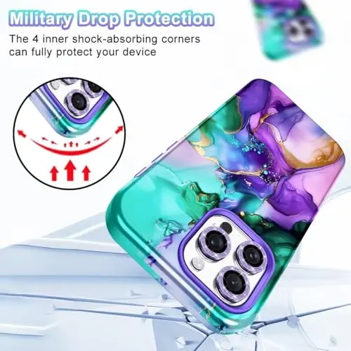 Btscase for iPhone 15 Pro Max Case 6.7 inch (2023), Marble Pattern 3 in 1 Heavy Duty Full Body Shockproof Hard PC+Soft Silicone Drop Protective Women Girls Cover for iPhone 15 Pro Max, Cyan Purple - 5