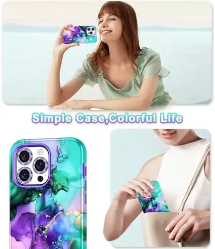Btscase for iPhone 15 Pro Max Case 6.7 inch (2023), Marble Pattern 3 in 1 Heavy Duty Full Body Shockproof Hard PC+Soft Silicone Drop Protective Women Girls Cover for iPhone 15 Pro Max, Cyan Purple - 9