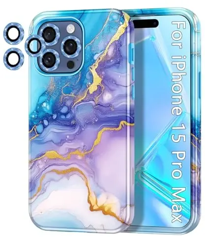 Btscase for iPhone 15 Pro Max Case 6.7 inch (2023), Marble Pattern 3 in 1 Heavy Duty Full Body Shockproof Hard PC+Soft Silicone Drop Protective Women Girls Cover for iPhone 15 Pro Max, Purple Blue - 1