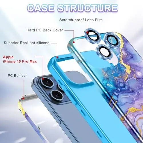 Btscase for iPhone 15 Pro Max Case 6.7 inch (2023), Marble Pattern 3 in 1 Heavy Duty Full Body Shockproof Hard PC+Soft Silicone Drop Protective Women Girls Cover for iPhone 15 Pro Max, Purple Blue - 3