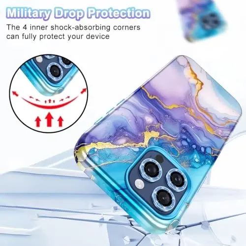 Btscase for iPhone 15 Pro Max Case 6.7 inch (2023), Marble Pattern 3 in 1 Heavy Duty Full Body Shockproof Hard PC+Soft Silicone Drop Protective Women Girls Cover for iPhone 15 Pro Max, Purple Blue - 5