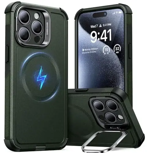ESR for iPhone 15 Pro Max Case with Stand, 23 ft Military-Grade Drop Protection, Heavy Duty Magnetic Phone Case, Compatible with MagSafe Accessories, Cyber Series, Green - ESR (1)