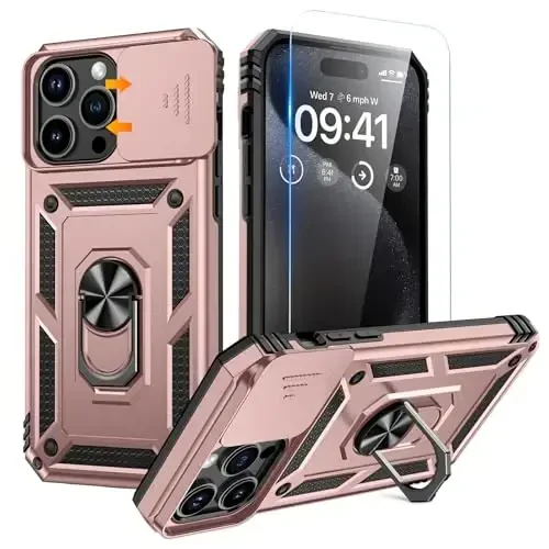 Goton for iPhone 15 Pro Max Case with Screen Protector - Slide Camera Cover Protective Phone Case with Ring Stand, Heavy Duty Shockproof Rugged Bumper for iPhone 15 Promax Accessories Rose Gold 