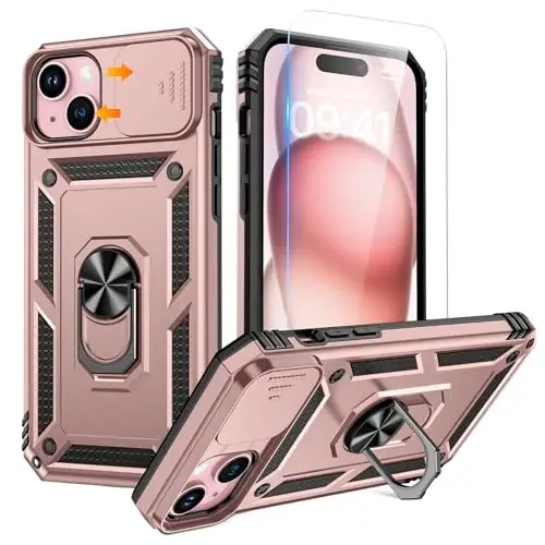 Goton for iPhone 15 Plus Case with Screen Protector - Slide Camera Cover Protective Phone Case with Ring Stand, Heavy Duty Shockproof Rugged Bumper for iPhone 15 Plus Accessories Rose Gold 