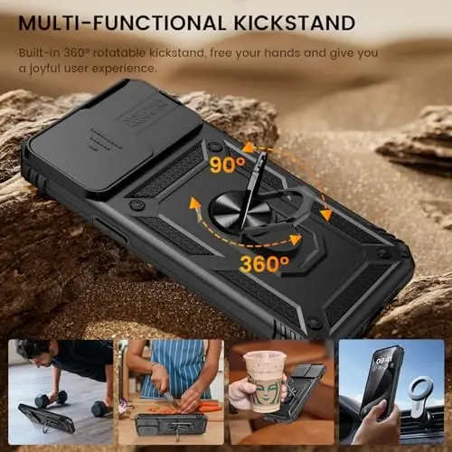 Goton for iPhone 15 Pro Max Case with Screen Protector - Slide Camera Cover Protective Phone Case with Ring Stand, Heavy Duty Shockproof Rugged Bumper for iPhone 15 Promax Accessories Black - 4