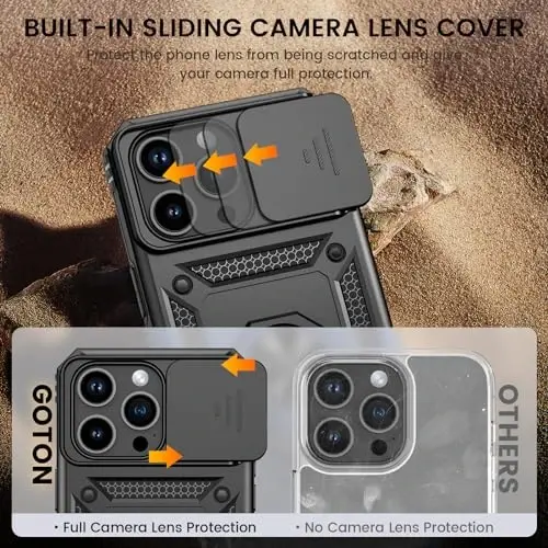 Goton for iPhone 15 Pro Max Case with Screen Protector - Slide Camera Cover Protective Phone Case with Ring Stand, Heavy Duty Shockproof Rugged Bumper for iPhone 15 Promax Accessories Black - 3