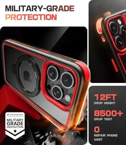Mobnano for iPhone 15 Pro Max Case with Stand, Compatible with MagSafe, Crystal Clear, Military-Grade Protection, Magnetic Ring Holder & Protective Bumpers, Non-Yellowing Scratch-Resistant - Black/Red - 5