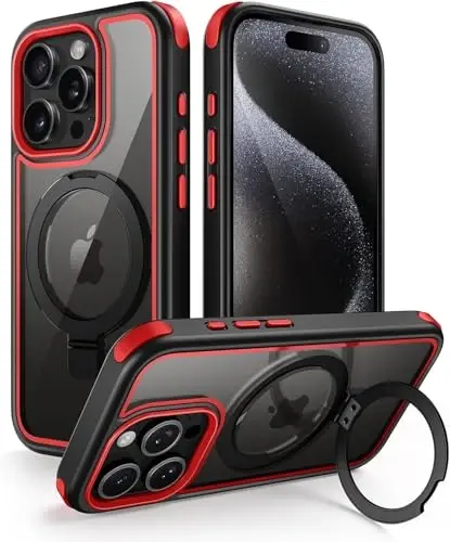 Mobnano for iPhone 15 Pro Max Case with Stand, Compatible with MagSafe, Crystal Clear, Military-Grade Protection, Magnetic Ring Holder & Protective Bumpers, Non-Yellowing Scratch-Resistant - Black/Red - 1