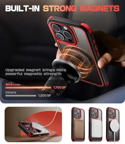 Mobnano for iPhone 15 Pro Max Case with Stand, Compatible with MagSafe, Crystal Clear, Military-Grade Protection, Magnetic Ring Holder & Protective Bumpers, Non-Yellowing Scratch-Resistant - Black/Red - 3