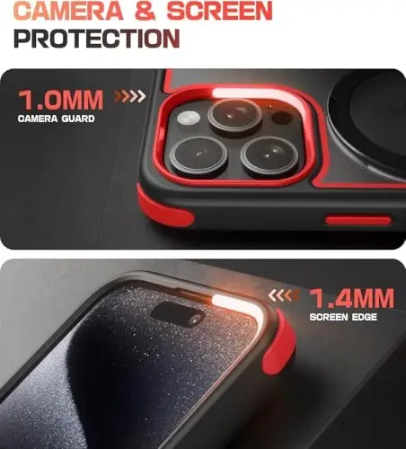 Mobnano for iPhone 15 Pro Max Case with Stand, Compatible with MagSafe, Crystal Clear, Military-Grade Protection, Magnetic Ring Holder & Protective Bumpers, Non-Yellowing Scratch-Resistant - Black/Red - 6
