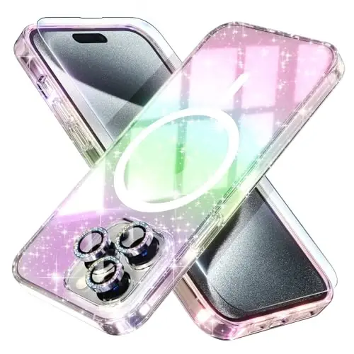 Choiche for iPhone 15 Pro Max Case Magnetic, Women Clear Glitter Bling Sparkly Case, [3xDiamond Camera Lens Protectors] [2xTempered Glass Screen Protectors] [Compatible MagSafe] (Glitter Colorful) 
