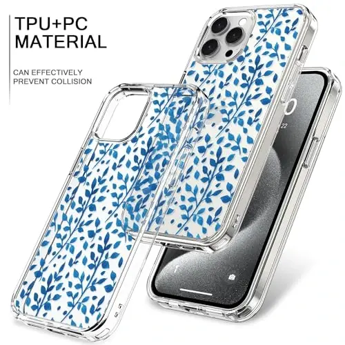 bicol Compatible with iPhone 15 Pro Max Case, Crystal Acrylic Clear with Fashionable Pattern Designs for Girls Women, Slim Fit Shockproof Protective Phone Cover 6.7 inch,Cute Blue Leaves - 4