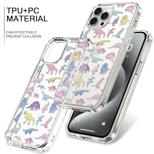 bicol Compatible with iPhone 15 Pro Max Case, Crystal Acrylic Clear with Fashionable Pattern Designs for Girls Women, Slim Fit Shockproof Protective Phone Cover 6.7 inch,Cute Dinosaurs - 4