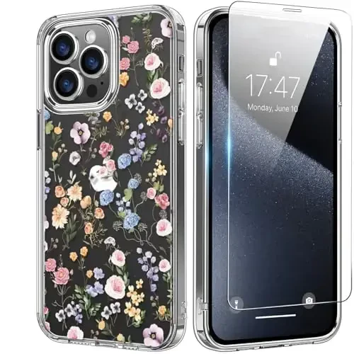 bicol Compatible with iPhone 15 Pro Max Case,Crystal Acrylic Clear with Fashionable Pattern Designs for Girls Women,Slim Fit Shockproof Protective Phone Cover 6.7 inch,Blooming Wildflower - 1