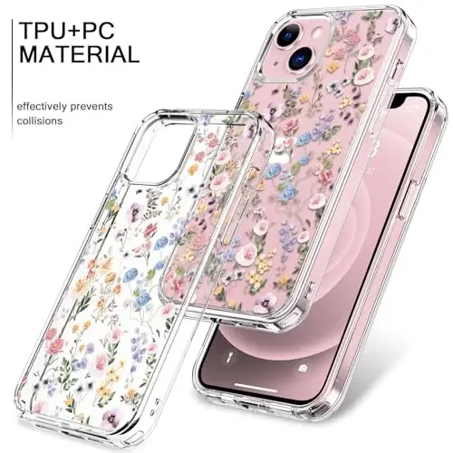 bicol Compatible with iPhone 15 Pro Max Case,Crystal Acrylic Clear with Fashionable Pattern Designs for Girls Women,Slim Fit Shockproof Protective Phone Cover 6.7 inch,Blooming Wildflower - 3