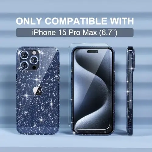 Choiche Compatible for iPhone 15 Pro Max Case Women Phone Case, Cute Bling Sparkly, Military Grade Protection, 3 Diamond Camera Lens Covers, 2 Tempered Glass Protectors, 6.7 inch (Glitter Blue) - 2