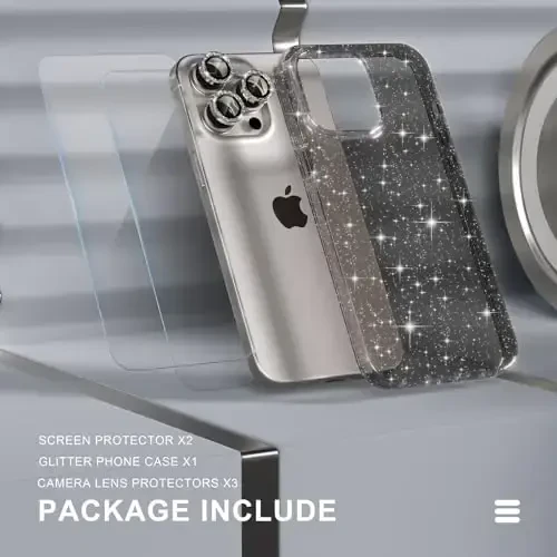 Choiche Compatible for iPhone 15 Pro Max Case Women Phone Case, Cute Bling Sparkly, Military Grade Protection, 3 Diamond Camera Lens Covers, 2 Tempered Glass Protectors, 6.7 inch (Glitter Gray) - 7