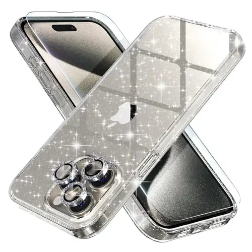 Choiche Compatible for iPhone 15 Pro Max Case Women Phone Case, Cute Bling Sparkly, Military Grade Protection, 3 Diamond Camera Lens Covers, 2 Tempered Glass Protectors, 6.7 inch (Glitter Clear) - CHOICHE