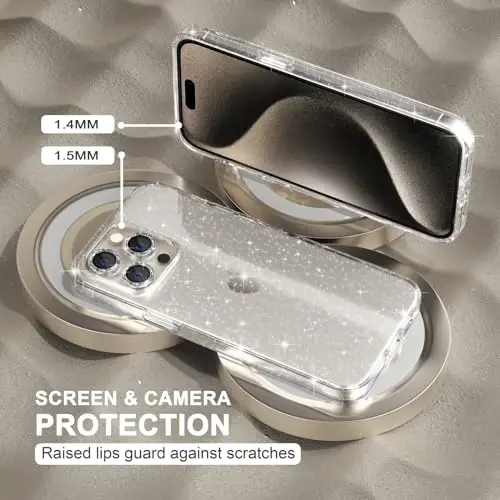 Choiche Compatible for iPhone 15 Pro Max Case Women Phone Case, Cute Bling Sparkly, Military Grade Protection, 3 Diamond Camera Lens Covers, 2 Tempered Glass Protectors, 6.7 inch (Glitter Clear) - 4