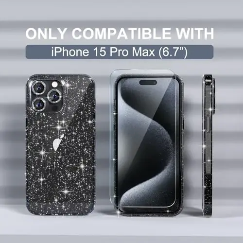 Choiche Compatible for iPhone 15 Pro Max Case Women Phone Case, Cute Bling Sparkly, Military Grade Protection, 3 Diamond Camera Lens Covers, 2 Tempered Glass Protectors, 6.7 inch (Glitter Black) - 2