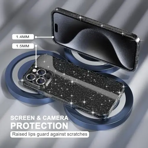 Choiche Compatible for iPhone 15 Pro Max Case Women Phone Case, Cute Bling Sparkly, Military Grade Protection, 3 Diamond Camera Lens Covers, 2 Tempered Glass Protectors, 6.7 inch (Glitter Black) - 4