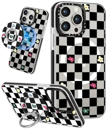 Lotadilo for iPhone 15 Pro Max Case for Women - Cute Kawaii Design Girls Compatible with Magsafe Magnetic Ring Holder Stand Black Flower Phone Covers Aesthetic Girly TPU Funda for 15 Pro Max 