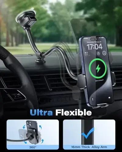 1Zero Solid Car Truck Phone Mount Wireless Charger Holder with 14-Inch Gooseneck Long Arm for iPhone 15 Pro Max Plus 14 13 12 11 XS X Samsung S24 Ultra S23 S22 S22 S21 S20 Pixel 9 Pro XL 8 7 6 5 4 - 4
