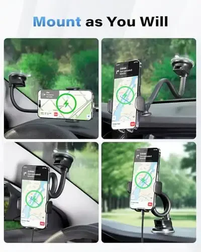 1Zero Solid Car Truck Phone Mount Wireless Charger Holder with 14-Inch Gooseneck Long Arm for iPhone 15 Pro Max Plus 14 13 12 11 XS X Samsung S24 Ultra S23 S22 S22 S21 S20 Pixel 9 Pro XL 8 7 6 5 4 - 5